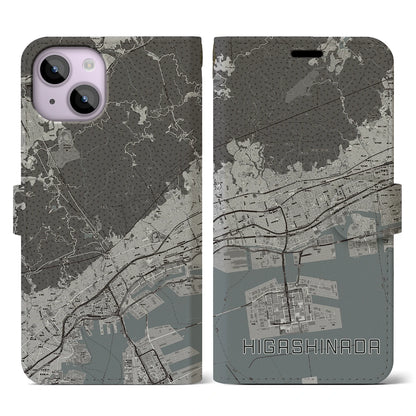 【東灘（兵庫県）】地図柄iPhoneケース（手帳タイプ）モノトーン・iPhone 14 用