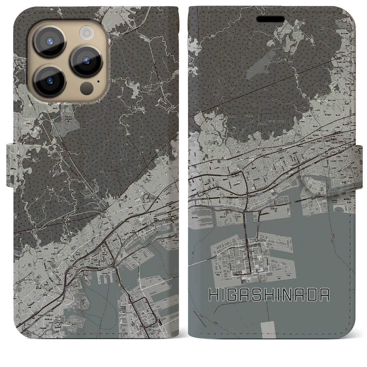 【東灘】地図柄iPhoneケース（手帳両面タイプ・モノトーン）iPhone 14 Pro Max 用