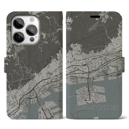 【東灘（兵庫県）】地図柄iPhoneケース（手帳タイプ）モノトーン・iPhone 14 Pro 用