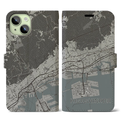 【東灘（兵庫県）】地図柄iPhoneケース（手帳タイプ）モノトーン・iPhone 15 用