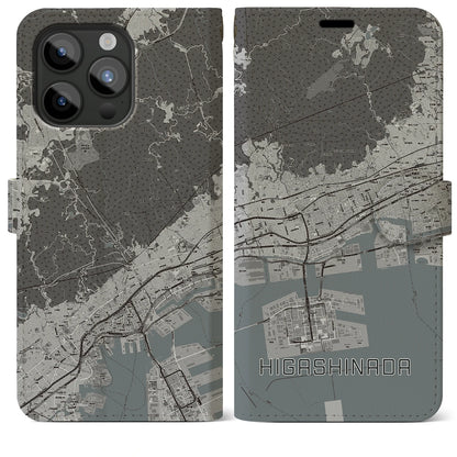 【東灘（兵庫県）】地図柄iPhoneケース（手帳タイプ）モノトーン・iPhone 15 Pro Max 用