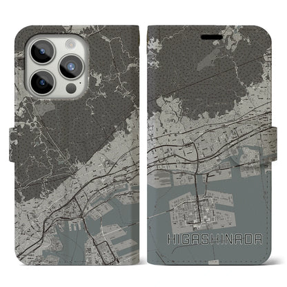 【東灘（兵庫県）】地図柄iPhoneケース（手帳タイプ）モノトーン・iPhone 15 Pro 用