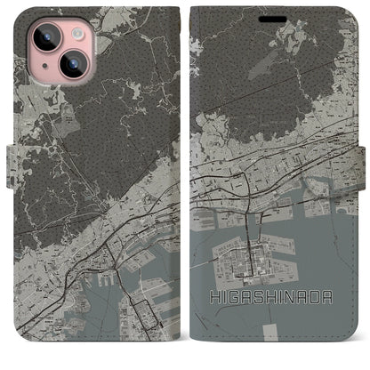 【東灘（兵庫県）】地図柄iPhoneケース（手帳タイプ）モノトーン・iPhone 15 Plus 用