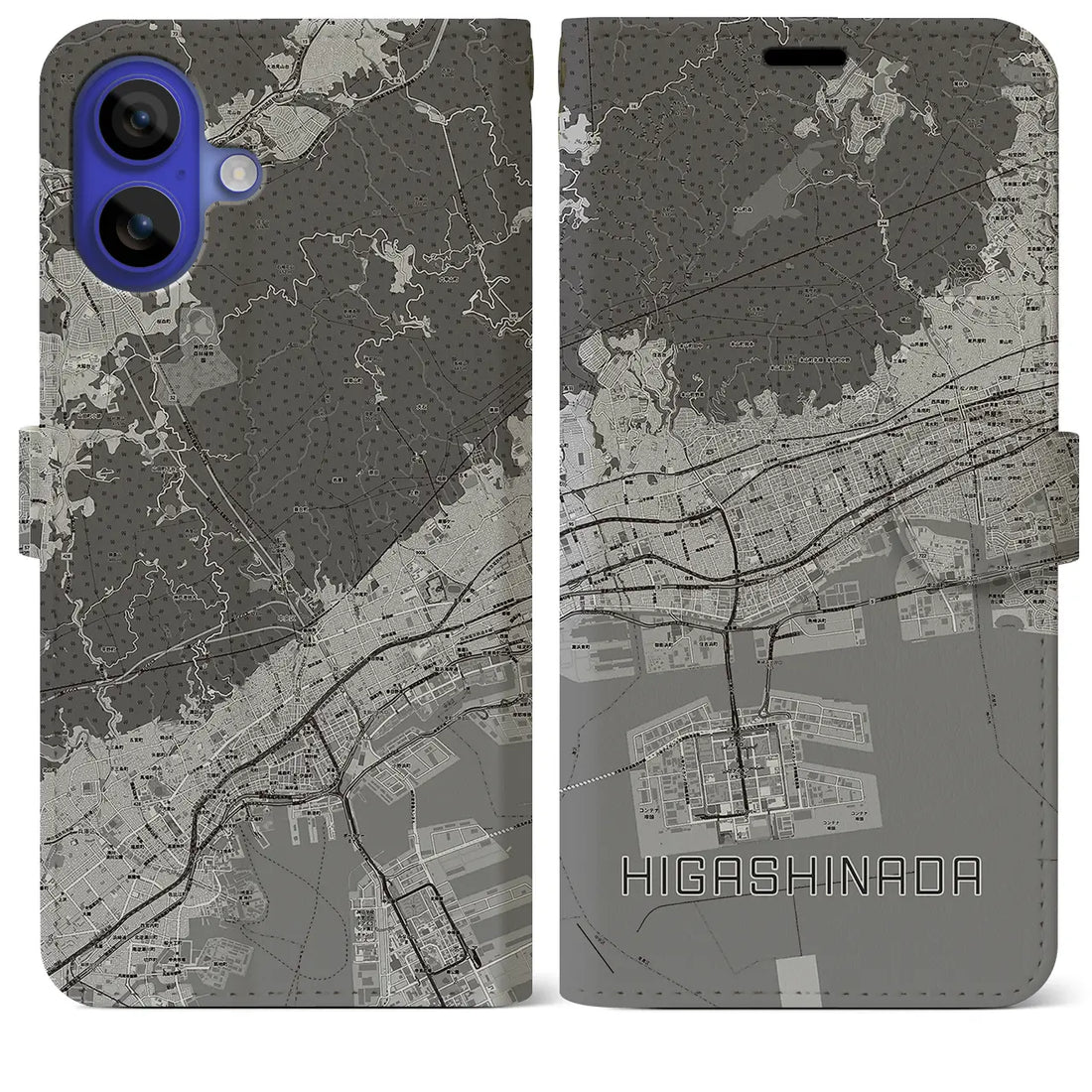 【東灘(兵庫県)】地図柄iPhoneケース(手帳タイプ)モノトーン・iPhone 16 Pro Max 用