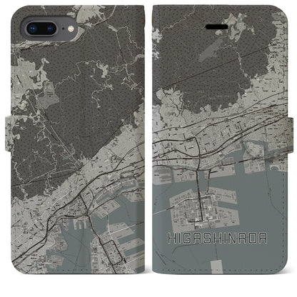 【東灘（兵庫県）】地図柄iPhoneケース（手帳タイプ）モノトーン・iPhone 8Plus /7Plus / 6sPlus / 6Plus 用