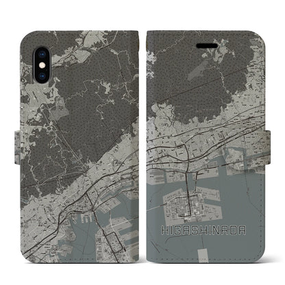 【東灘（兵庫県）】地図柄iPhoneケース（手帳タイプ）モノトーン・iPhone XS / X 用