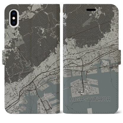 【東灘（兵庫県）】地図柄iPhoneケース（手帳タイプ）モノトーン・iPhone XS Max 用