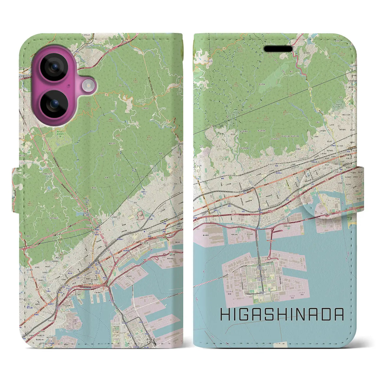 【東灘（兵庫県）】地図柄iPhoneケース（手帳タイプ）ナチュラル・iPhone 16 Pro 用