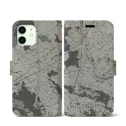 【東近江（滋賀県）】地図柄iPhoneケース（手帳タイプ）モノトーン・iPhone 12 mini 用