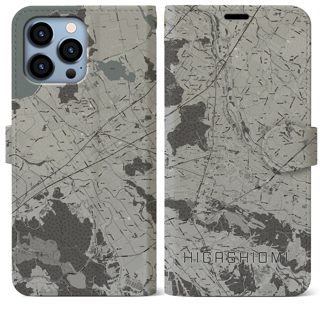 【東近江】地図柄iPhoneケース（手帳両面タイプ・モノトーン）iPhone 13 Pro Max 用
