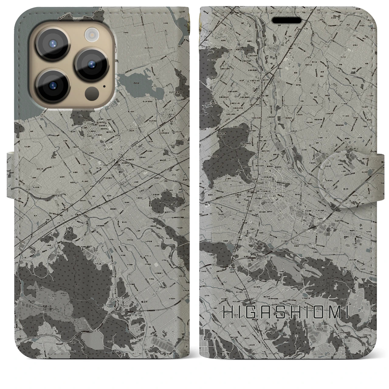【東近江】地図柄iPhoneケース（手帳両面タイプ・モノトーン）iPhone 14 Pro Max 用