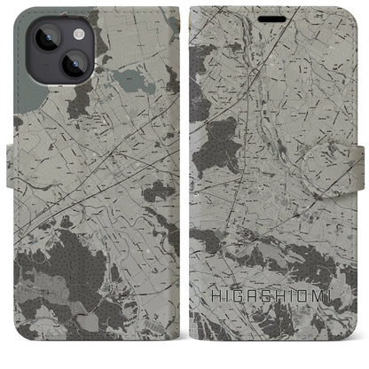 【東近江（滋賀県）】地図柄iPhoneケース（手帳タイプ）モノトーン・iPhone 14 Plus 用