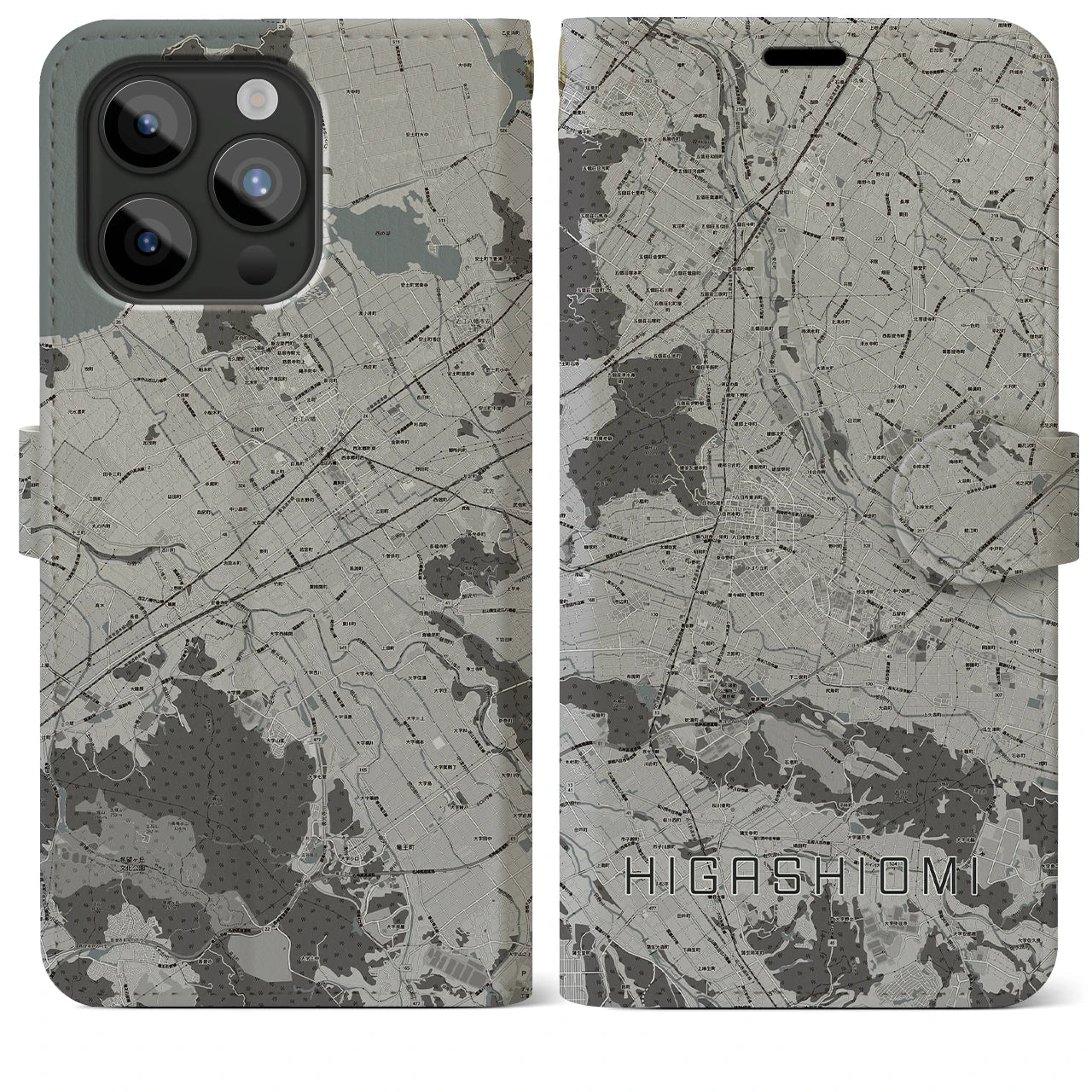 【東近江】地図柄iPhoneケース（手帳両面タイプ・モノトーン）iPhone 15 Pro Max 用