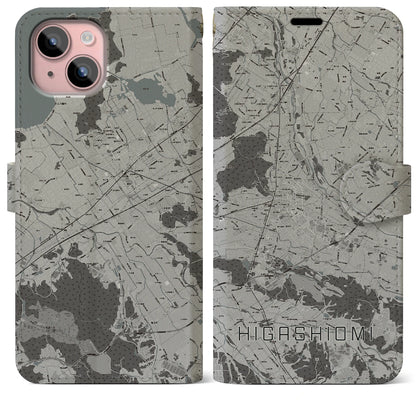 【東近江（滋賀県）】地図柄iPhoneケース（手帳タイプ）モノトーン・iPhone 15 Plus 用