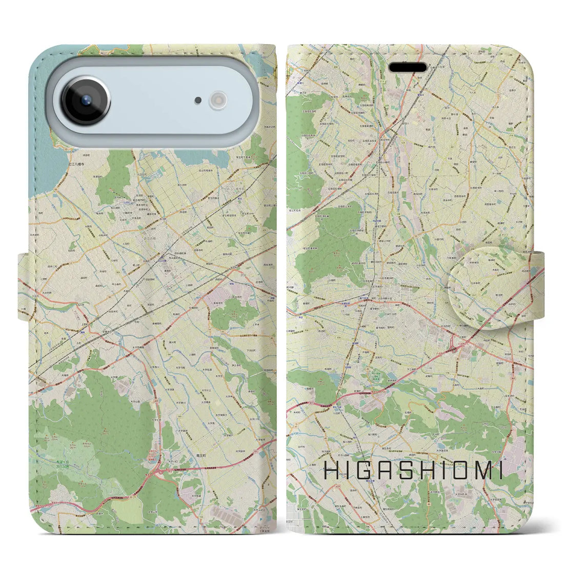 【東近江（滋賀県）】地図柄iPhoneケース（手帳タイプ）ナチュラル・iPhone 17 Pro Max 用