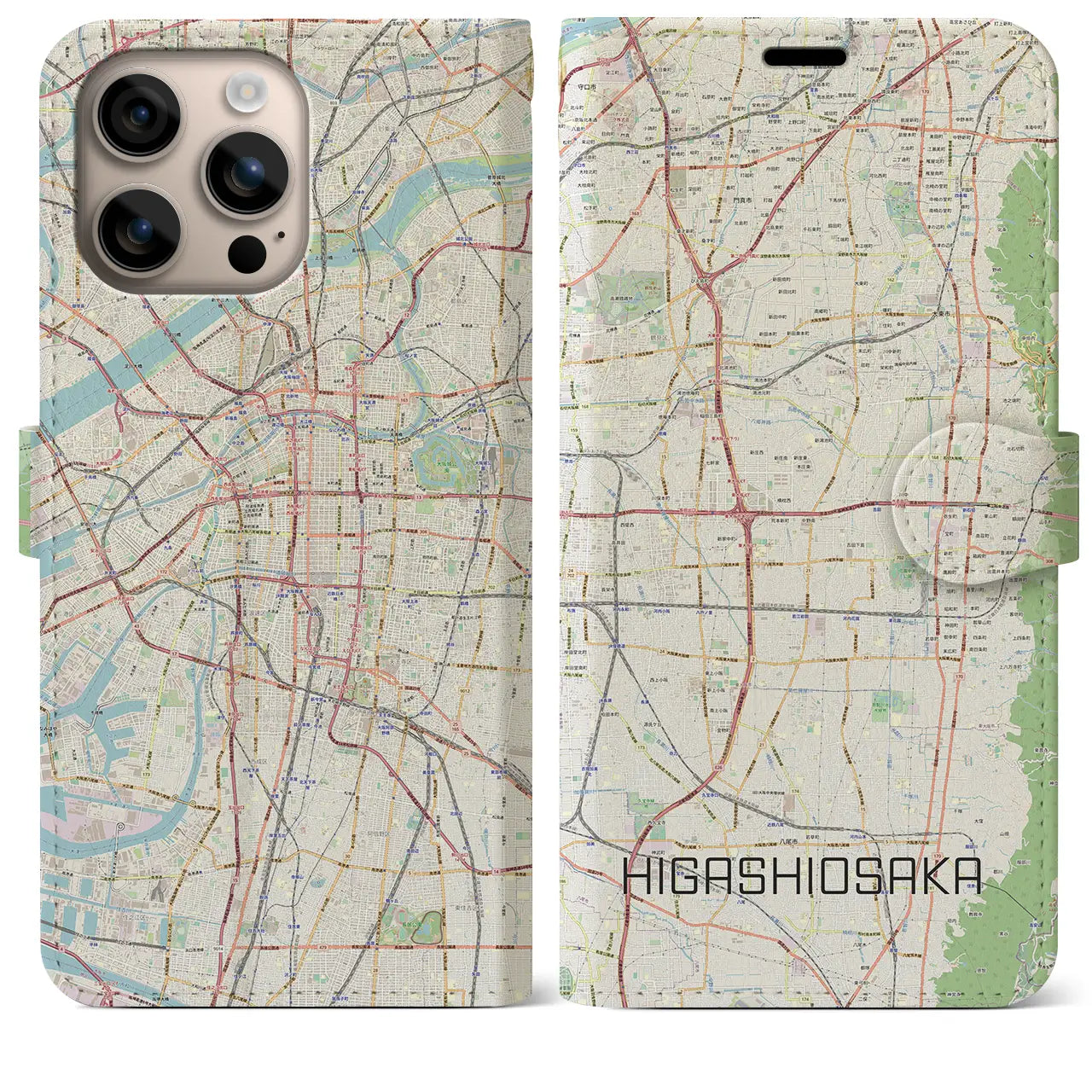 【東大阪（大阪府）】地図柄iPhoneケース（手帳タイプ）ナチュラル・iPhone 16 Plus 用