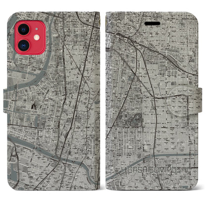 【東住吉（大阪府）】地図柄iPhoneケース（手帳タイプ）モノトーン・iPhone 11 用