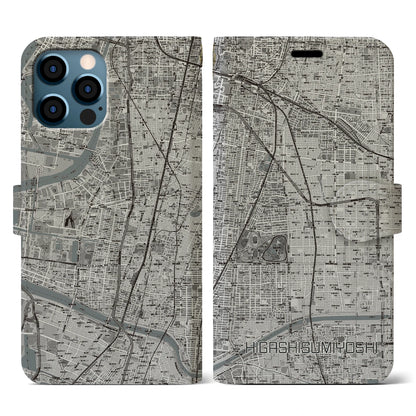 【東住吉（大阪府）】地図柄iPhoneケース（手帳タイプ）モノトーン・iPhone 12 / 12 Pro 用
