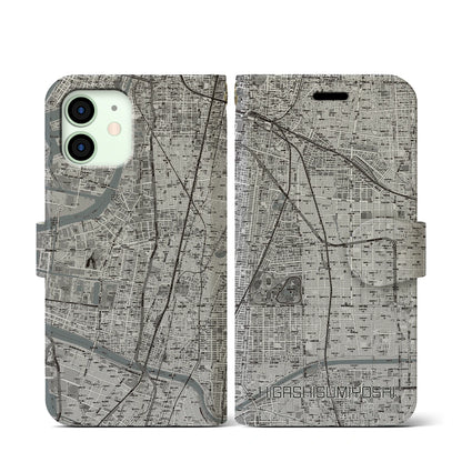 【東住吉（大阪府）】地図柄iPhoneケース（手帳タイプ）モノトーン・iPhone 12 mini 用