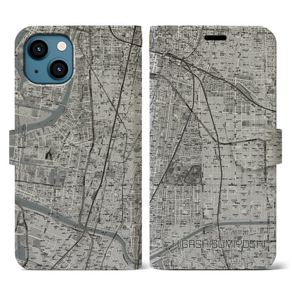 【東住吉（大阪府）】地図柄iPhoneケース（手帳タイプ）モノトーン・iPhone 13 用