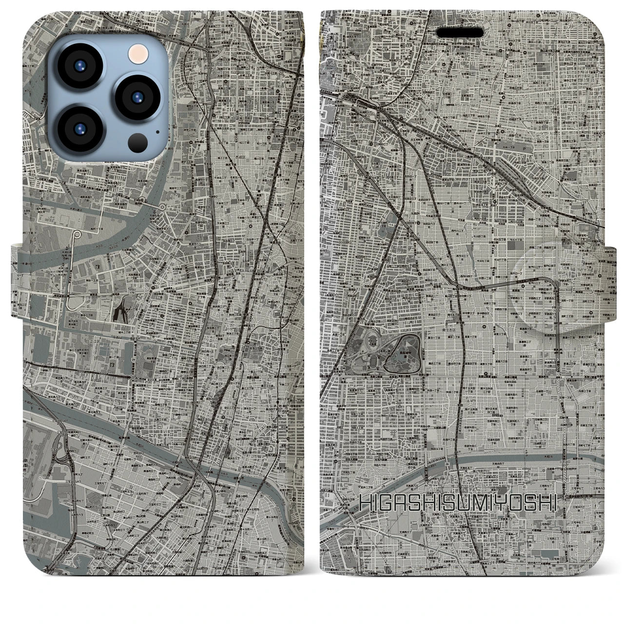 【東住吉】地図柄iPhoneケース（手帳両面タイプ・モノトーン）iPhone 13 Pro Max 用