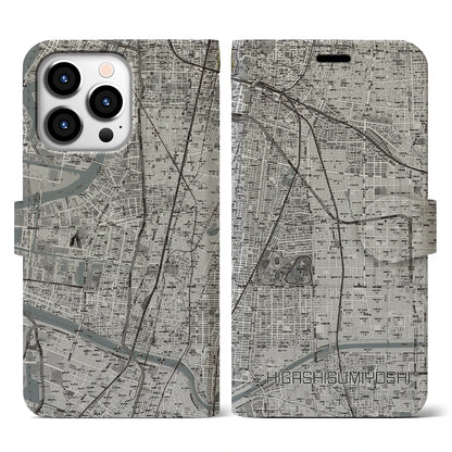 【東住吉（大阪府）】地図柄iPhoneケース（手帳タイプ）モノトーン・iPhone 13 Pro 用