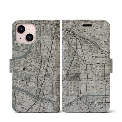 【東住吉（大阪府）】地図柄iPhoneケース（手帳タイプ）モノトーン・iPhone 13 mini 用