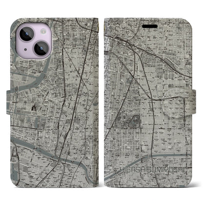 【東住吉（大阪府）】地図柄iPhoneケース（手帳タイプ）モノトーン・iPhone 14 用