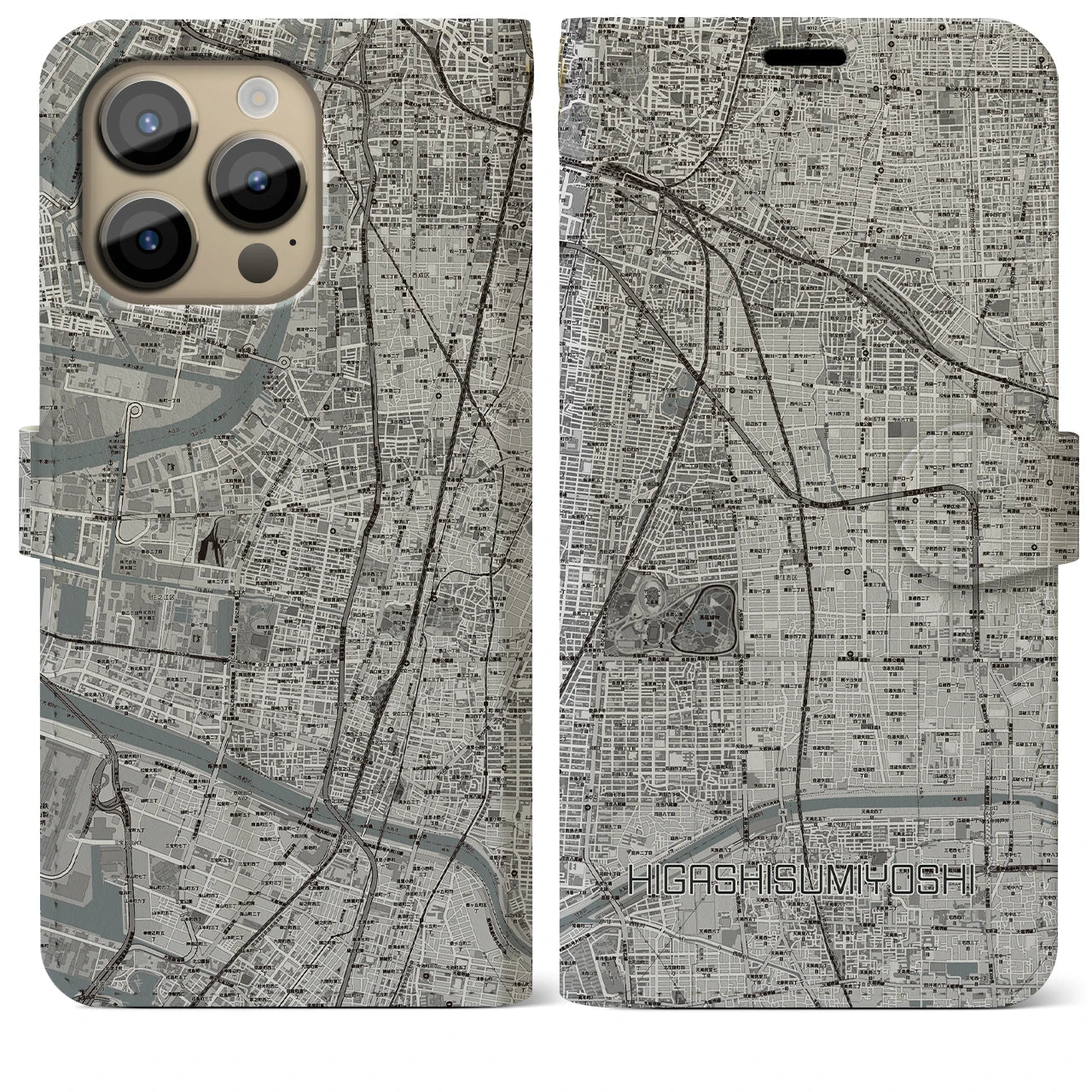 【東住吉】地図柄iPhoneケース（手帳両面タイプ・モノトーン）iPhone 14 Pro Max 用