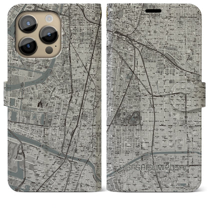 【東住吉（大阪府）】地図柄iPhoneケース（手帳タイプ）モノトーン・iPhone 14 Pro Max 用