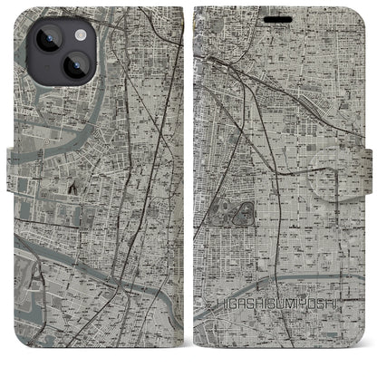 【東住吉（大阪府）】地図柄iPhoneケース（手帳タイプ）モノトーン・iPhone 14 Plus 用