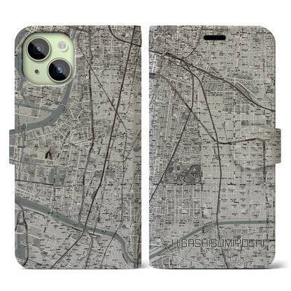 【東住吉（大阪府）】地図柄iPhoneケース（手帳タイプ）モノトーン・iPhone 15 用