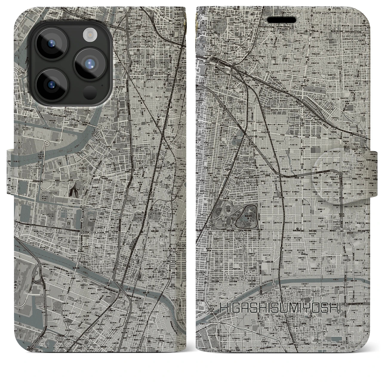 【東住吉】地図柄iPhoneケース（手帳両面タイプ・モノトーン）iPhone 15 Pro Max 用