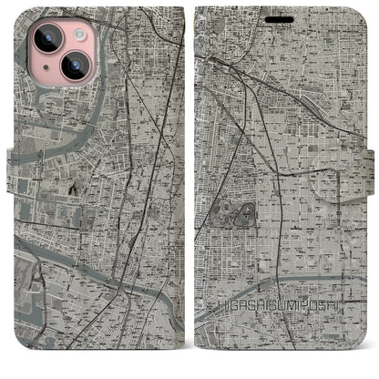 【東住吉（大阪府）】地図柄iPhoneケース（手帳タイプ）モノトーン・iPhone 15 Plus 用