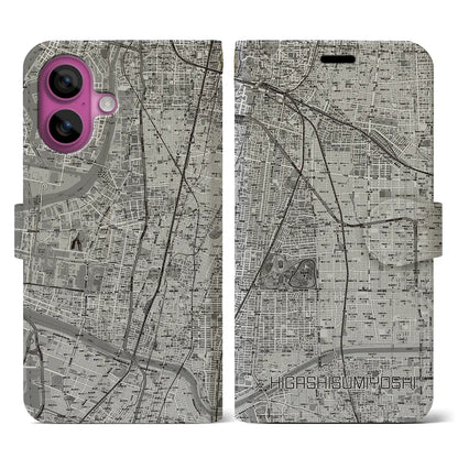 【東住吉（大阪府）】地図柄iPhoneケース（手帳タイプ）モノトーン・iPhone 16 Pro 用