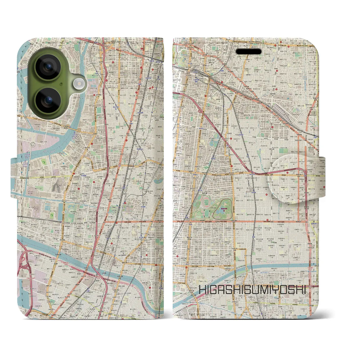 【東住吉(大阪府)】地図柄iPhoneケース(手帳タイプ)モノトーン・iPhone 17 Pro Max 用