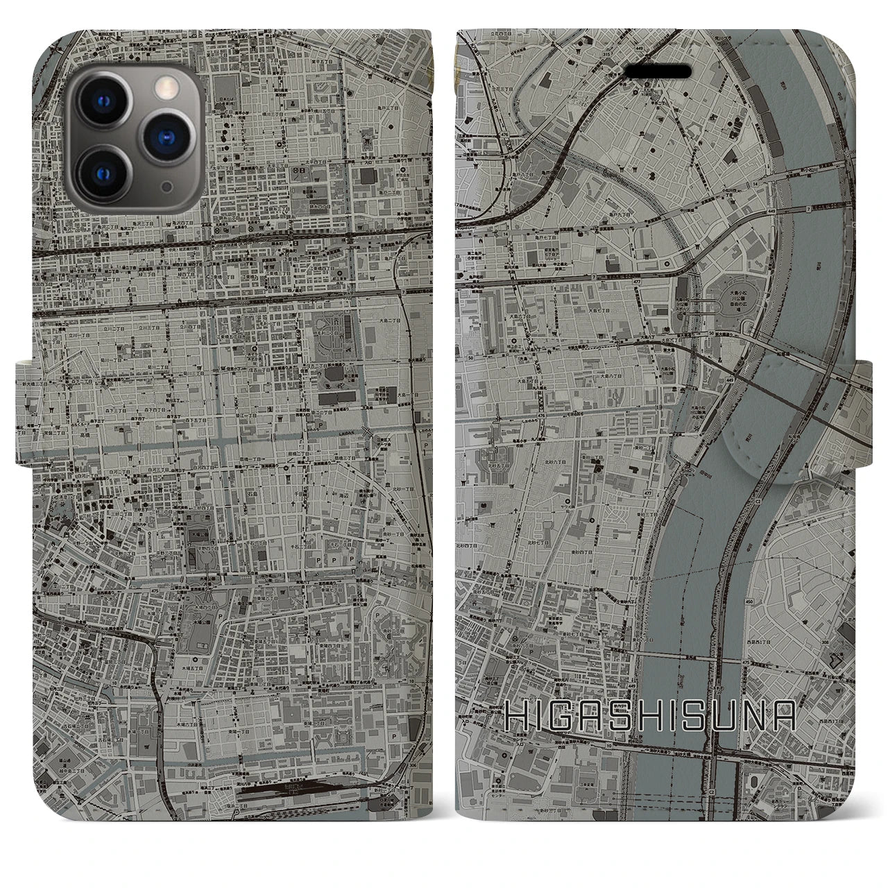 【東砂】地図柄iPhoneケース（手帳両面タイプ・モノトーン）iPhone 11 Pro Max 用