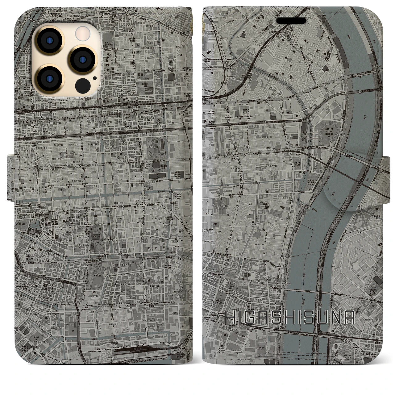【東砂】地図柄iPhoneケース（手帳両面タイプ・モノトーン）iPhone 12 Pro Max 用