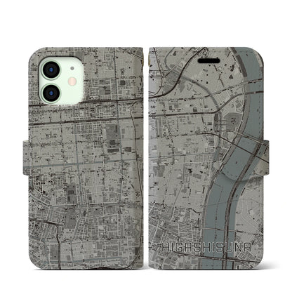 【東砂（東京都）】地図柄iPhoneケース（手帳タイプ）モノトーン・iPhone 12 mini 用