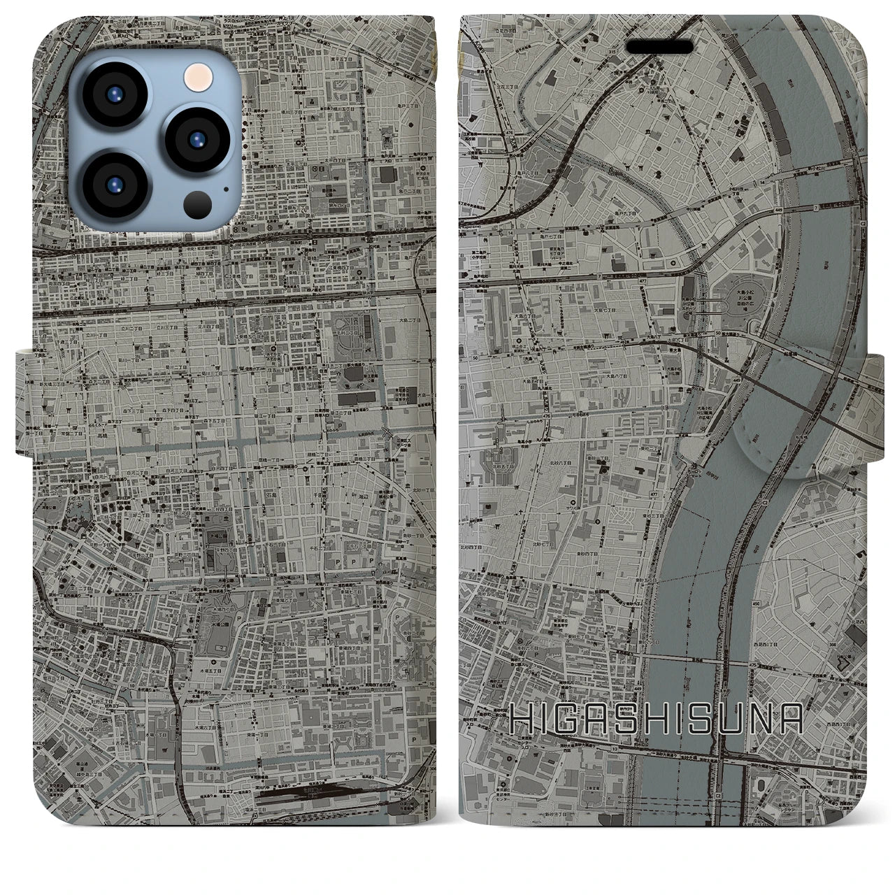 【東砂】地図柄iPhoneケース（手帳両面タイプ・モノトーン）iPhone 13 Pro Max 用