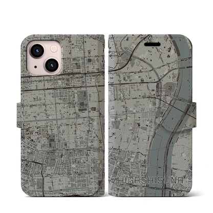 【東砂（東京都）】地図柄iPhoneケース（手帳タイプ）モノトーン・iPhone 13 mini 用