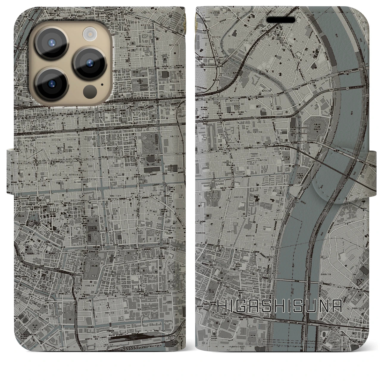 【東砂】地図柄iPhoneケース（手帳両面タイプ・モノトーン）iPhone 14 Pro Max 用