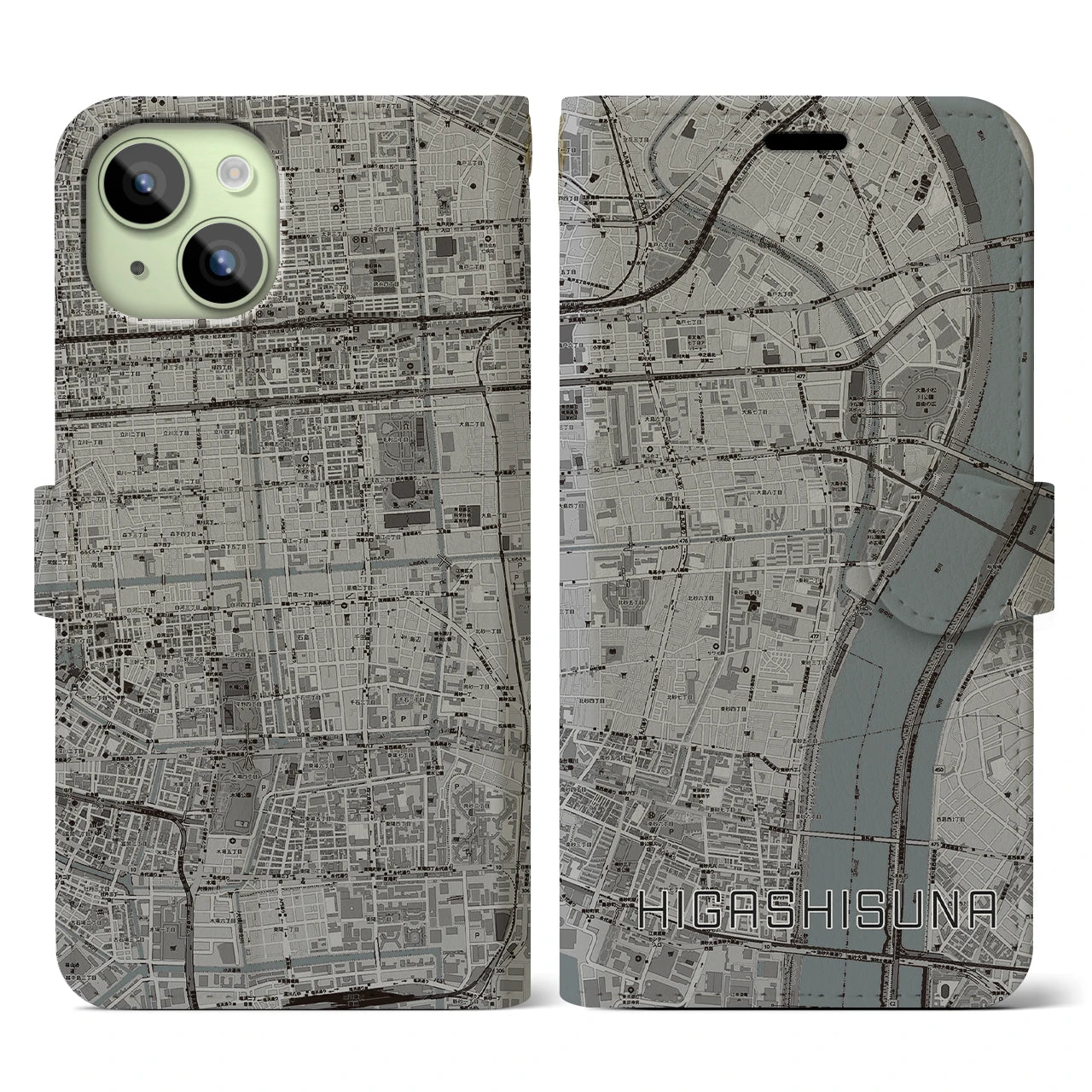 【東砂】地図柄iPhoneケース（手帳両面タイプ・モノトーン）iPhone 15 用