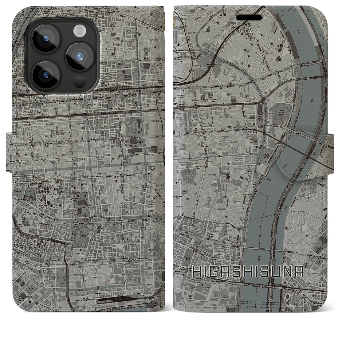 【東砂】地図柄iPhoneケース（手帳両面タイプ・モノトーン）iPhone 15 Pro Max 用