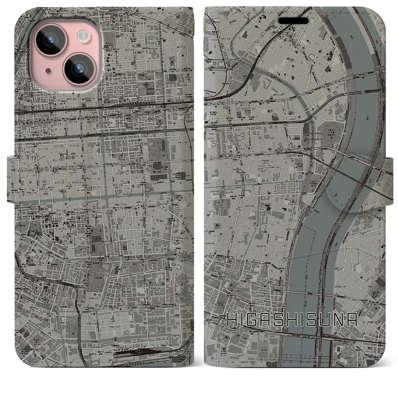 【東砂】地図柄iPhoneケース（手帳両面タイプ・モノトーン）iPhone 15 Plus 用