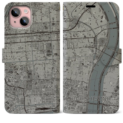 【東砂（東京都）】地図柄iPhoneケース（手帳タイプ）モノトーン・iPhone 15 Plus 用