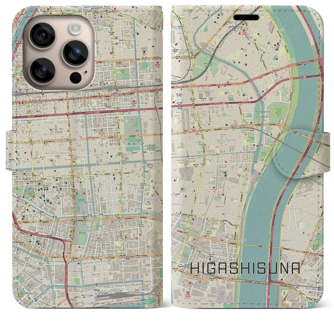 【東砂（東京都）】地図柄iPhoneケース（手帳タイプ）ナチュラル・iPhone 16 Plus 用