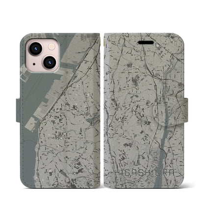 【東浦（愛知県）】地図柄iPhoneケース（手帳タイプ）モノトーン・iPhone 13 mini 用