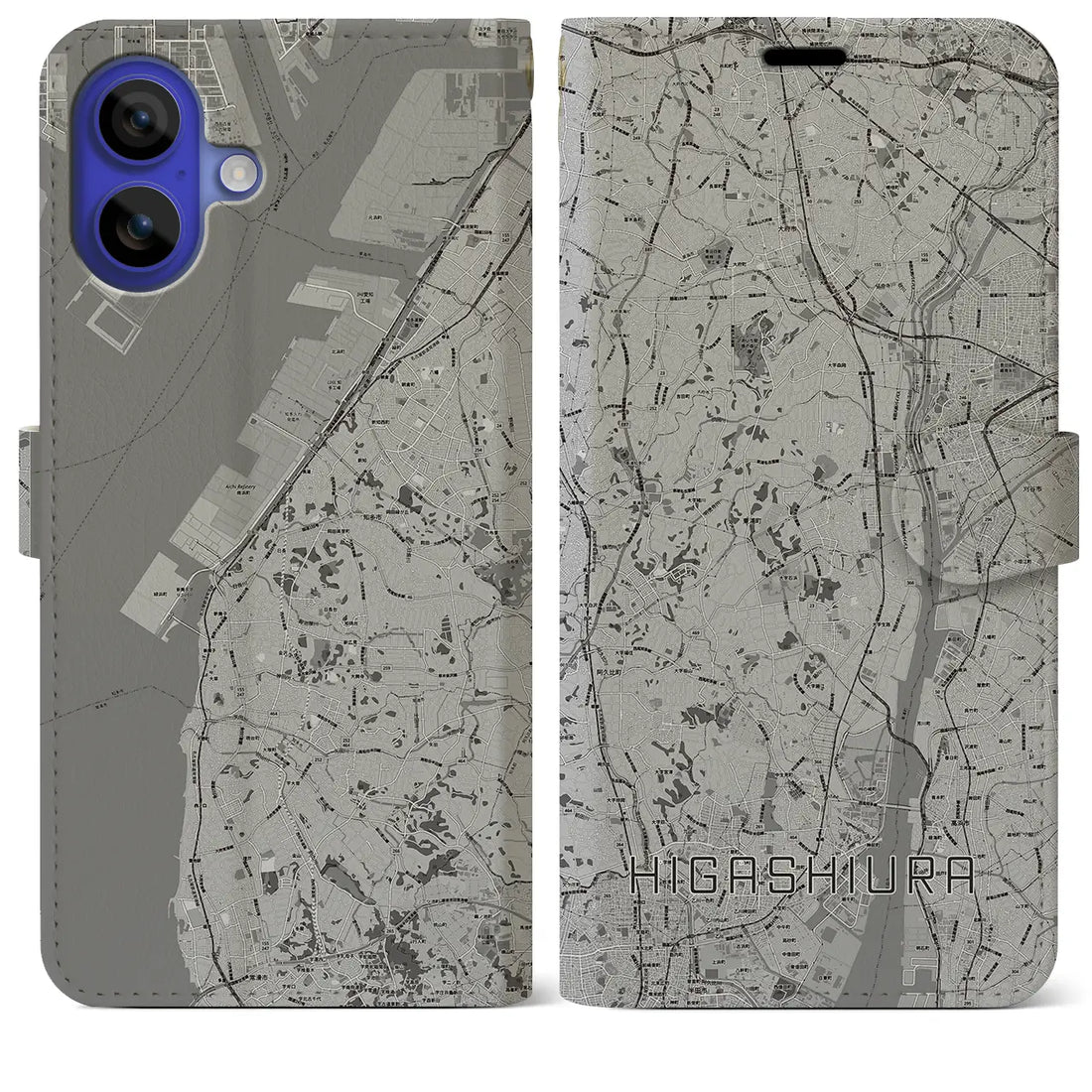 【東浦(愛知県)】地図柄iPhoneケース(手帳タイプ)モノトーン・iPhone 16 Pro Max 用