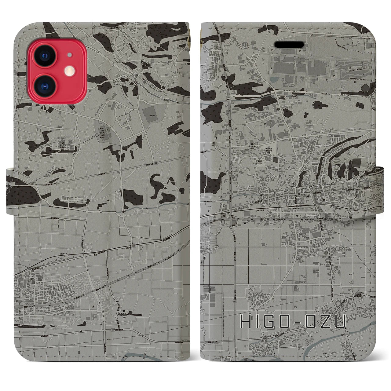 【肥後大津】地図柄iPhoneケース（手帳両面タイプ・モノトーン）iPhone 11 用